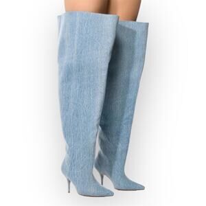 Azalea Wang Amby Denim Thigh High Stiletto Boot Women’s 6 Blue Denim